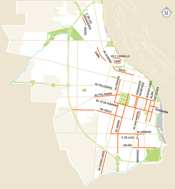 Plano de ciclovías y bicisendas en Rosario